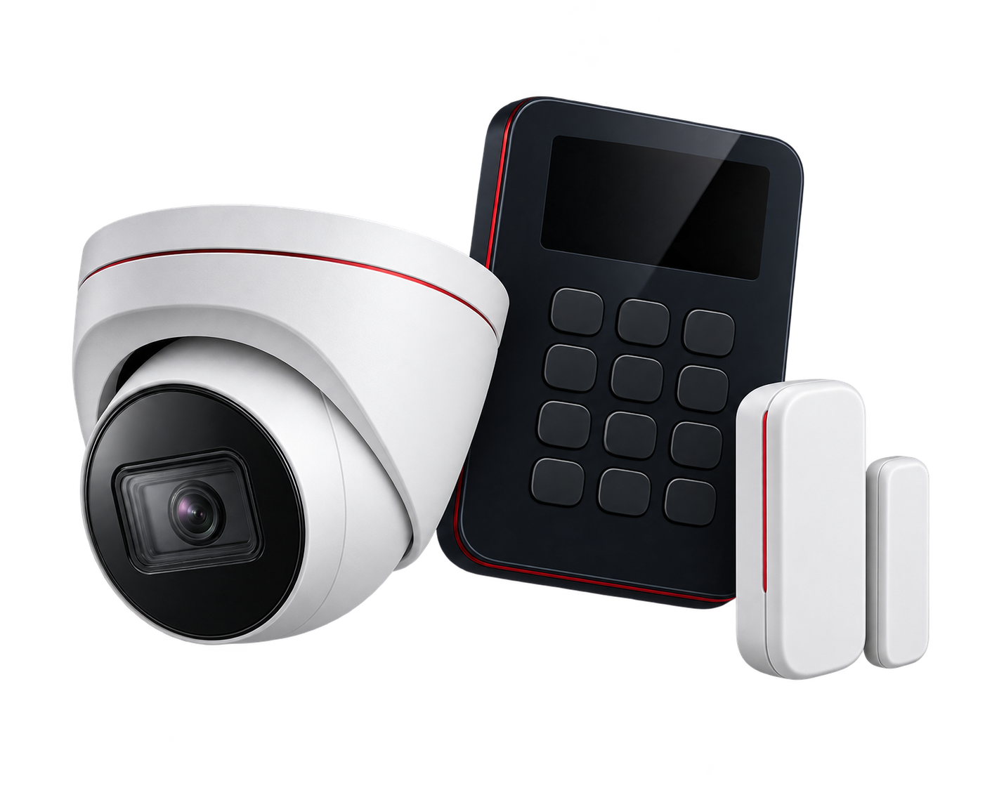 Illustration of home security cameras, sensors and an alarm keypad